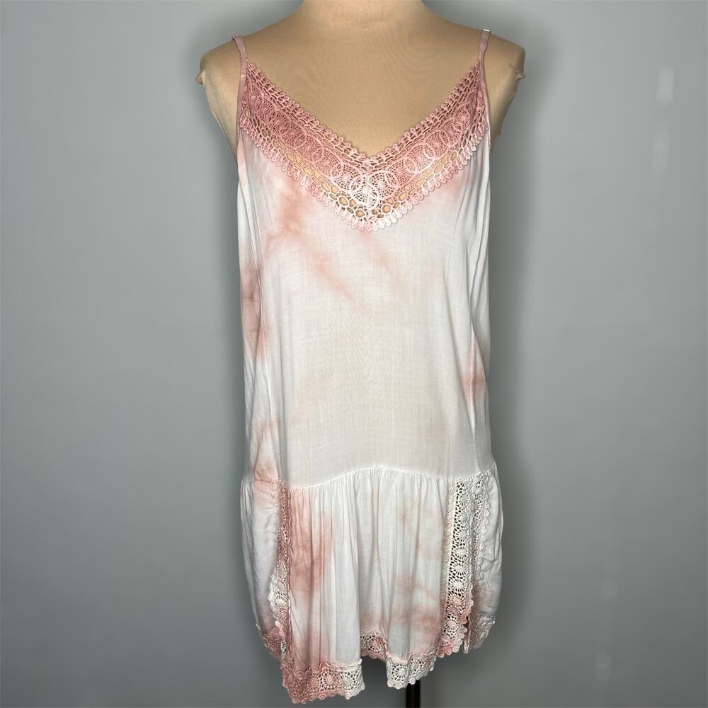 Don't Ask Why Slip Dress OS Womens Tie Dye Cami Tunic Beach Crochet Mini V-Neck